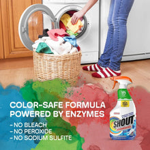 Laundry basket and stained clothes with Shout trigger spray bottle, orange cap and green label