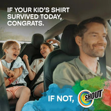 Family in a car with Shout logo overlay and stain-removal text