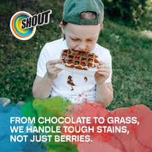 Shout stain remover logo on a kid-focused stain-removal promotional graphic.