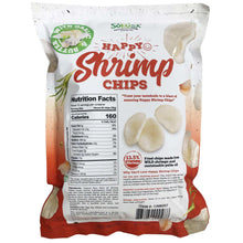 Shrimp chips bag back with Nutrition Facts and product information