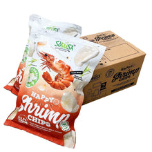 Two shrimp chips bags and cardboard box with Happy Shrimp Chips branding