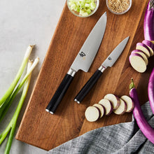 Shun knife prep set: chef’s and paring knives with black handles and silver blades