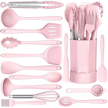 Pink silicone utensil set with tools and caddy
