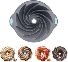 Dark gray silicone bundt cake pan, spiral ridges with center hole