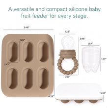 Tan silicone fruit feeder tray with two feeders and clear freezer cups