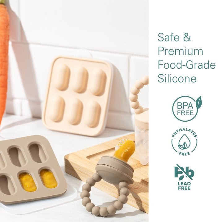 Silicone Baby Fruit Feeders with Freezer Tray for Batch Prep, Set of 2 Safe & Convenient, Includes Extra Pouches & Travel Lids, Dishwasher Safe, Tan