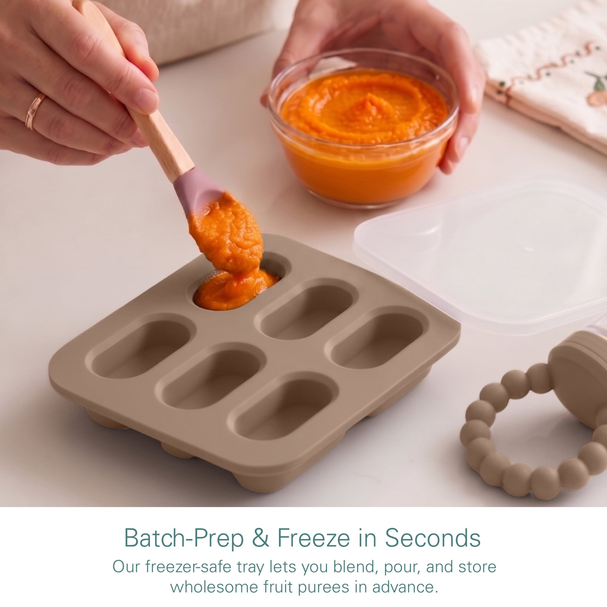 Silicone Baby Fruit Feeders with Freezer Tray for Batch Prep, Set of 2 Safe & Convenient, Includes Extra Pouches & Travel Lids, Dishwasher Safe, Tan