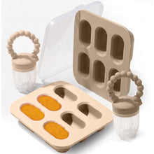 Tan silicone baby fruit feeder set with freezer tray and reusable travel lids