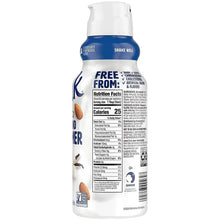 Almond creamer bottle label with Free From claims and Nutrition Facts panel