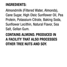 Almond creamer ingredients label listing almonds, cane sugar, and sea salt