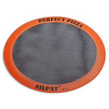 Round orange pizza mat with textured surface and Perfect Pizza branding ring