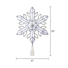 Silver LED snowflake tree topper with stem base, about 16 in tall