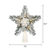 Silver glitter snowflake tree topper with warm LED lights, 8.5 in height, cone base