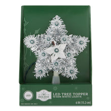 LED tree topper in retail box, silver tinsel star with green bulb centers