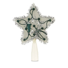 Silver tinsel star LED tree topper with teal cord lights and white base