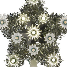 Silver tinsel LED star tree topper with multiple lit bulb centers on dark backing