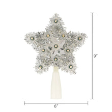 Silver tinsel star LED tree topper, 9 in tall with 6 in base width