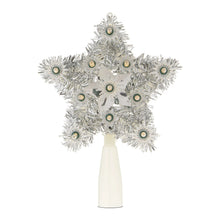 Silver tinsel star LED tree topper with green-capped bulbs and white base