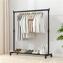 Black freestanding rolling garment rack with wheels, multiple hanging hooks, and base shelf
