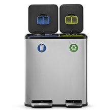 Dual-compartment step trash can with two black lids, blue trash bin, and recycling bin