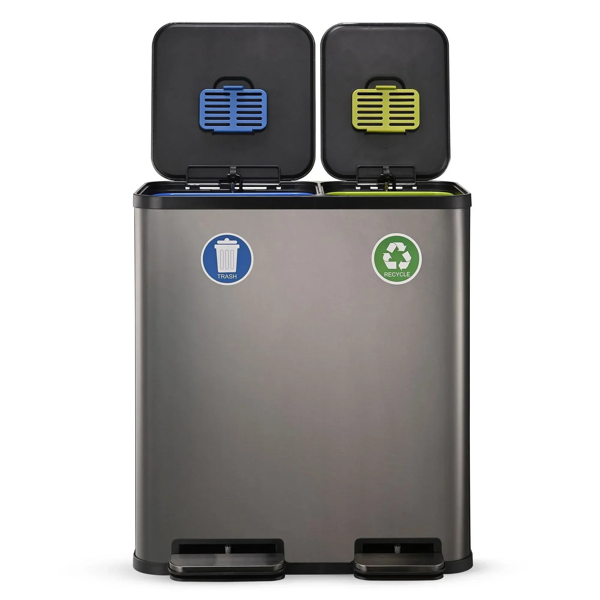 Simpli-Magic 18.5 Gallon (40L x 30L) Dual Compartment Step Trash Can – Kitchen Garbage Can with Waste & Recycling Bins – Slow-Close Lid, Odor Control, Hands-Free
