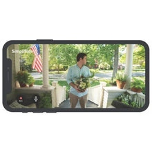 Smartphone displaying wired video doorbell live view with record and microphone icons