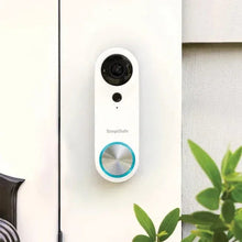 Wired video doorbell camera on wall with black lens and blue circular light ring