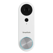 Wired video doorbell camera with white housing, black lens, and blue light ring