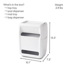 Under-sink trash bag and dish pod organizer dimensions and tray contents shown