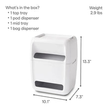 White under-sink organizer with top pod tray and two front dispenser openings, size shown