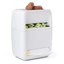 White under-sink trash bag & dish pod organizer with top tray and front bag opening