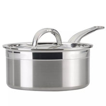 Stainless steel saucepan with long side handle and arched lid handle, polished exterior