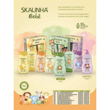 Skalinha Bebê baby cologne line with pastel bottles and boxes, including a lavender pump bottle