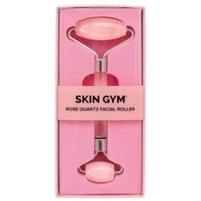 Skin Gym rose quartz facial roller in gift box, pink crystal heads with metal handles