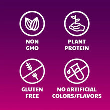 Non-GMO, plant protein, gluten-free, and no artificial colors icons on almond bag