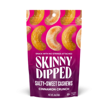 Cashew snack pouch labeled Salty-Sweet Cashews, Cinnamon Crunch