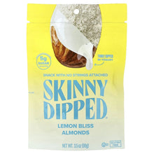 Yogurt-covered almonds snack bag, yellow with Lemon Bliss and Skinny Dipped branding
