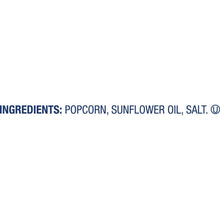 Ingredients label reading: popcorn, sunflower oil, salt