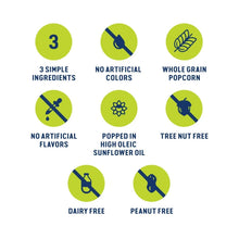 Dietary icons and ingredients for SkinnyPop popcorn on green circles