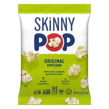 SkinnyPop original popcorn bag, green package labeled deliciously popped