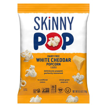 SkinnyPop white cheddar popcorn bag, orange package labeled dairy free