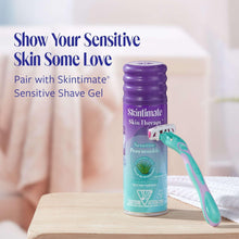 Skintimate Sensitive razor beside Skin Therapy shaving gel bottle