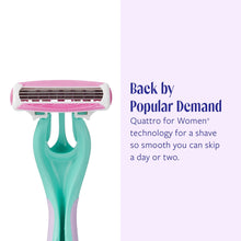 4-blade disposable razor with pink cartridge and teal handle