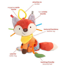 Textured bandana-style fox plush stroller toy with crinkle leaf and rattling ring