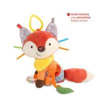 Fox plush stroller activity toy with hanging loop and multicolor teether leaf