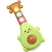 Green rock-a-mole guitar baby toy with light-up buttons and brown face disk