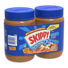 Extra crunchy chunky peanut butter twin pack, blue-lidded jars, front view