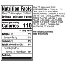 Nutrition Facts label: 110 calories per 1 oz (28 g) candy