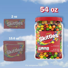 Skittles candy jar labeled 54 oz with smaller bag comparisons on blue background