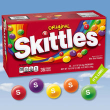 Skittles Original candy box showing 36 packs and flavor graphics